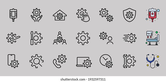 Un conjunto simple de opciones y ajustes relacionados con los iconos de línea vectorial. Contiene iconos como tiempo de configuración, negocios, teléfono y más. Stroke editable. 480x480.