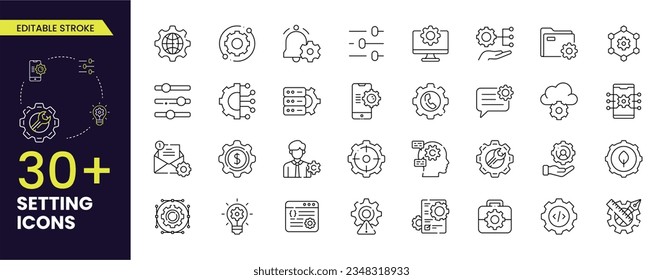 Einfache Set von Einstellungen für Schlagzeilen-Symbole. Enthält Symbole wie den Installationsassistenten, die Entwurfseinstellung, die Codierung der Wiederherstellungsoptionen und mehr. Bearbeitbarer Stroke.