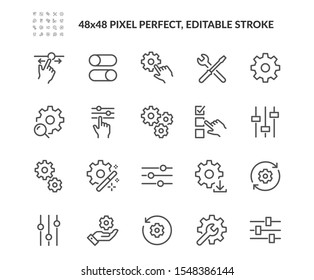 Simple Set of Setup and Settings Related Vector Line Icons. 
Contains such Icons as Installation Wizard, Download, Restore Options and more. Editable Stroke. 48x48 Pixel Perfect.