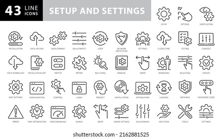 Simple Set of Setup and Settings Related Vector Line Icons. Contains such Icons as Installation Wizard, Download, Restore Options and more. Editable Stroke.