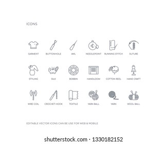 simple set of sew vector line icons. contains such icons as wool ball, yarn, yarn ball, textile, crochet hook, wire coil, hand craft, cotton reel, handloom and more. editable pixel perfect.