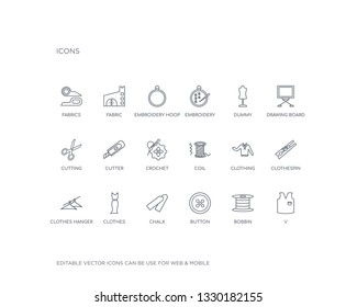 simple set of sew vector line icons. contains such icons as v, bobbin, button, chalk, clothes, clothes hanger, clothespin, clothing, coil and more. editable pixel perfect.