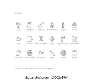 simple set of sew vector line icons. contains such icons as pocket, rotary, seam, sew pattern, sewing basket, sewing box, sewing craft, marker, spokes and more. editable pixel perfect.