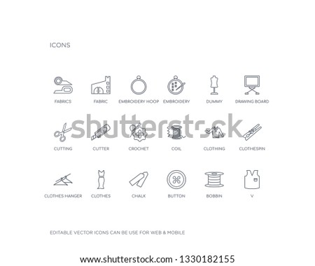 simple set of sew vector line icons. contains such icons as v, bobbin, button, chalk, clothes, clothes hanger, clothespin, clothing, coil and more. editable pixel perfect.