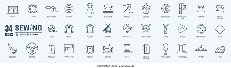 Simple Set of Sewing icon, knitting and cloth repair Related Vector Line Icons. Contains thin Icons as Leather, Thimble, Needle and more. Editable Stroke. 48x48 Pixel Perfect