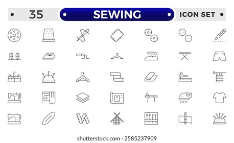 Simple Set of Sewing outline icon, knitting and cloth repair Related Vector Line Icons. Contains thin Icons as Leather, Thimble, Needle and more.Sewing equipment and needlework line icons set. 
