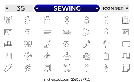 Simple Set of Sewing outline icon, knitting and cloth repair Related Vector Line Icons. Contains thin Icons as Leather, Thimble, Needle and more.Sewing equipment and needlework line icons set. 
