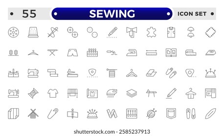 Simple Set of Sewing outline icon, knitting and cloth repair Related Vector Line Icons. Contains thin Icons as Leather, Thimble, Needle and more.Sewing equipment and needlework line icons set. 
