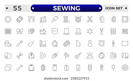 Simple Set of Sewing outline icon, knitting and cloth repair Related Vector Line Icons. Contains thin Icons as Leather, Thimble, Needle and more.Sewing equipment and needlework line icons set. 
