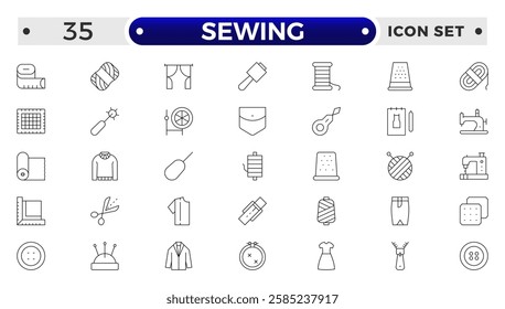 Simple Set of Sewing outline icon, knitting and cloth repair Related Vector Line Icons. Contains thin Icons as Leather, Thimble, Needle and more.Sewing equipment and needlework line icons set. 
