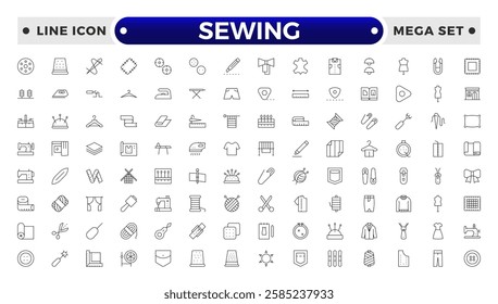 Simple Set of Sewing outline icon, knitting and cloth repair Related Vector Line Icons. Contains thin Icons as Leather, Thimble, Needle and more.Sewing equipment and needlework line icons set. 
