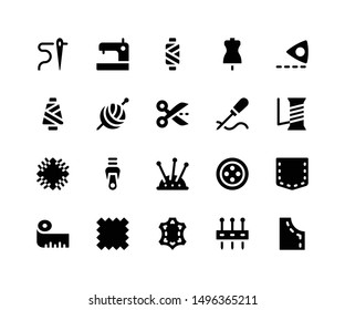 Simple Set of Sewing Related Vector Glyph Icons. Contains such Icons as needle, clothing, mannequin, yarn and More. pixel perfect vector icons based on 32px grid. Well Organized and Layered