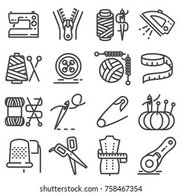 Simple set of sewing related vector line icons. Sewing Machine, Measuring Tape, Wool