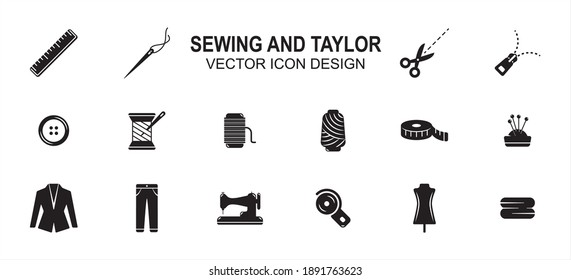 Simple Set of sewing and taylor Related style Vector icon user interface graphic design. Contains such Icons as sewing machine, scissor, tuxedo, pant, disc cutter, dummy, button, measure tape