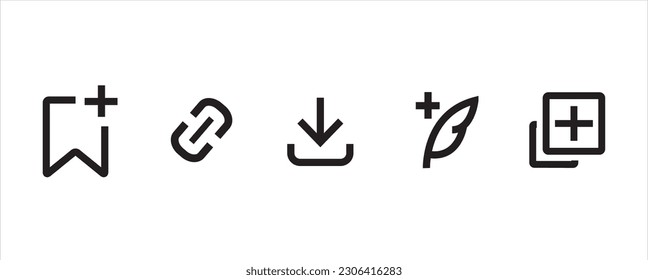 Conjunto simple de iconos de menú compartido y diseño gráfico de iconos vectores. Icono de marcación, enlace de copia, guardar o descargar, publicar fotos nuevas, copiar imagen icono