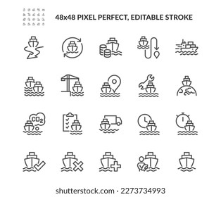 Simple Set of Ship Management Related Vector Line Icons.  
Contains such Icons as Ship Route, Renting Price, Commercial Fleet and more. Editable Stroke. 48x48 Pixel Perfect.