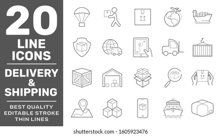 Simple set of shipping and delivery related vector line icons. Contains such Icons as Courier, Package Protection, Return and more. Editable Stroke. EPS 10