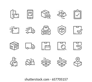 Simple Set of Shipping Related Vector Line Icons. 
Contains such Icons as Courier, Package Protection, Return and more. Editable Stroke. 48x48 Pixel Perfect.