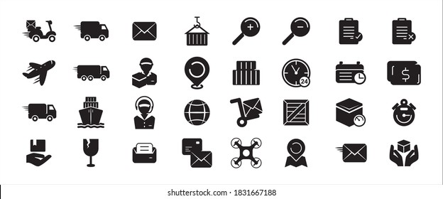 Simple Set of shipping, trucking, courier expedition service Related Vector icon graphic design template. Contains such Icons as motorcycle, truck, ship, plane, delivery, weighing, drone and more.