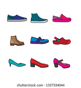 Simple set of shoes related filled outline icons