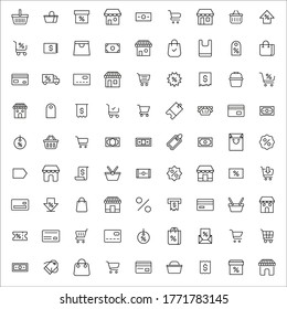 Einfache Sammlung von Shop modernen dünnen Linie Symbole. Trendloses Design. Paket mit Strichsymbolen. Vektorgrafik einzeln auf weißem Hintergrund. Symbole in Premium-Qualität.