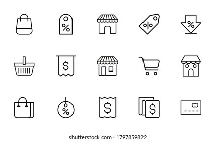 Simple set of shop modern thin line icons. Trendy design. Pack of stroke icons. Vector illustration isolated on a white background. Premium quality symbols.