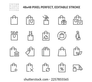 Simple Set of Shopping Bag Related Vector Line Icons. 
Contains such Icons as Groceries, Present, Food Delivery and more. Editable Stroke. 48x48 Pixel Perfect. - Shutterstock ID 2257855565