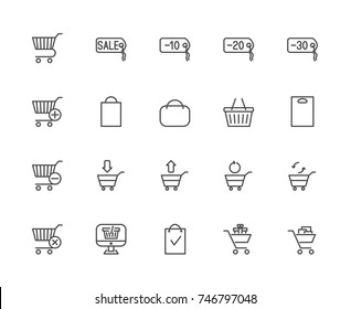 Simple Set of Shopping Cart Related Vector Line Icons. Contains such Icons as Sale, Express Checkout, Mobile Shop, Add, Refresh and more. Editable Stroke. 48x48 Pixel Perfect.