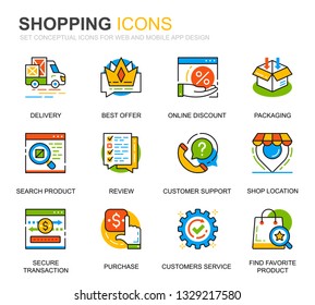 Simple Set Shopping and E-Commerce Line Icons for Website and Mobile Apps. Contains such Icons as Delivery, Payment Method, Store, Commerce. Conceptual color line icon. Vector pictogram pack.