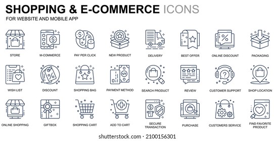 Simple Set Shopping and E-Commerce Line Icons for Website and Mobile Apps. Contains such Icons as Delivery, Payment Method, Store, Commerce. Conceptual color line icon. Vector pictogram pack.