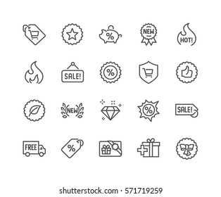 Simple Set of Shopping Features Related Vector Line Icons. 
Contains such Icons as New, Sale, Discount and more.
Editable Stroke. 48x48 Pixel Perfect.