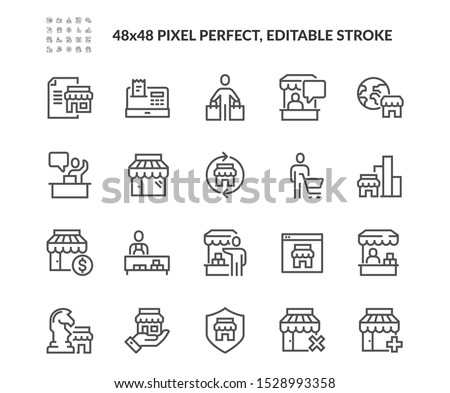 Simple Set of Shopping and Market Related Vector Line Icons. Contains such Icons as Store Statistics, Product Promotion, Buyer and more. Editable Stroke. 48x48 Pixel Perfect.