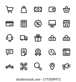 Simple set of shopping online outline vector icon. Set of e-commerce line icon on white background. Contain icons such as cart, bag, money, wallet, basket, credit card,  discount and many more.