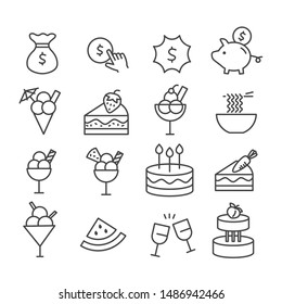 Simple set of shopping or purchase food with special offer,discount coupon related icons isolated. Modern outline on white background