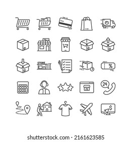 Simple Set of Shopping Related Vector Line Icons. Contains such Icons as Credit Card, Cart, Customer Service, Rating, Webstore, Smartphone, Shipping etc. Editable stroke 64X64 Pixel Perfect