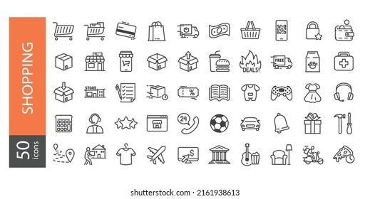 Simple Set of Shopping Related Vector Line Icons. Contains such Icons as Credit Card, Cart, Customer Service, Rating, Webstore, Smartphone, Shipping etc. Editable stroke 64X64 Pixel Perfect