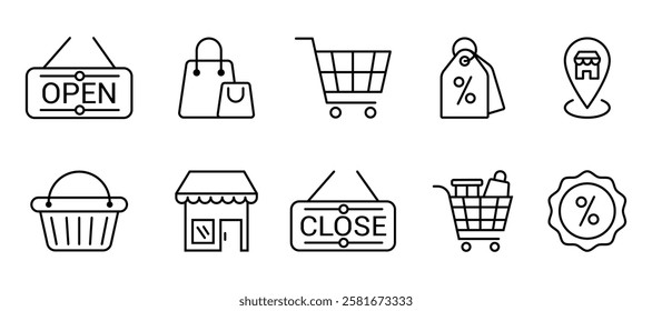 Simple Set of Shopping Related Vector Line Icons. Contains such Icons as shopping cart, basket, map pin location, sale, price tag, grocery, bag, discount, open and close sign, market, promotion.