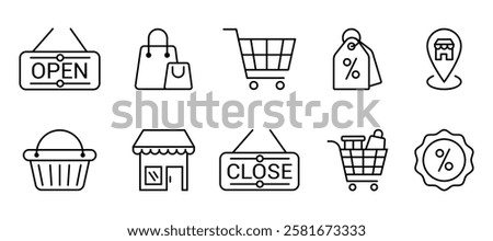 Simple Set of Shopping Related Vector Line Icons. Contains such Icons as shopping cart, basket, map pin location, sale, price tag, grocery, bag, discount, open and close sign, market, promotion.