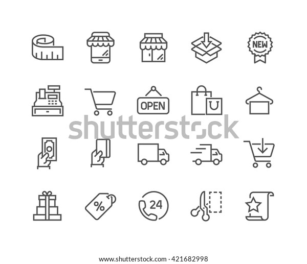 Simple Set\
of Shopping Related Vector Line Icons. \
Contains such Icons as\
Mobile Shop, Payment Options, Sizing Guide, Starred, Delivery and\
more. \
Editable Stroke. 48x48 Pixel Perfect.\
