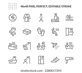 Simple conjunto de Iconos de línea vectorial relacionados con la ducha y el baño. 
Contiene iconos como cabina de ducha, toallas de baño, tubo caliente y más. Stroke editable. 48x48 Pixel Perfecto.