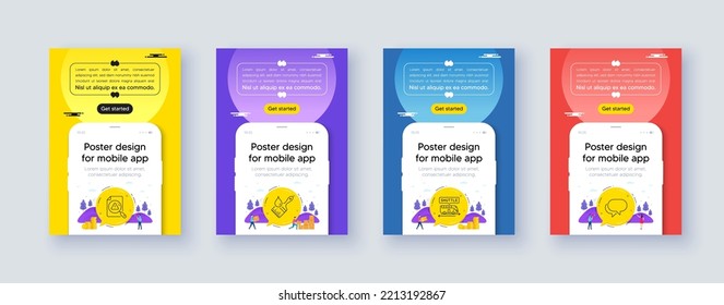 Simple Set Of Shuttle Bus, Brush And Search Document Line Icons. Poster Offer Design With Phone Interface Mockup. Include Talk Bubble Icons. For Web, Application. Vector