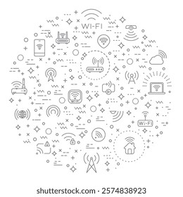 Simple Set of Signal And Wireless Technology Related Vector Line Illustration. Contains such Icons as basic, infographic, wifi, internet, connection, wifi free, network and smartphone color white.