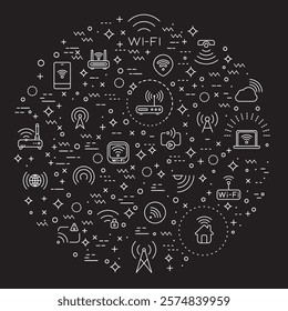 Simple Set of Signal And Wireless Technology Related Vector Line Illustration. Contains such Icons as basic, infographic, wifi, internet, connection, wifi free, network and smartphone color black.