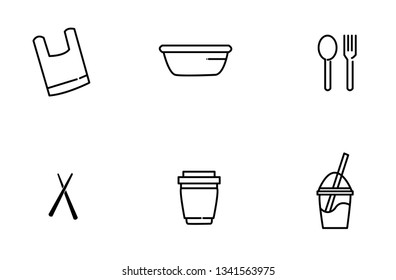 Simple Set Of Single Use Or Disposable Items In Black And White Related Vector Outline Icon Including Plastic Bag, Tube, Spoon And Fork, Chopsticks, Cup Or Bowl And Plastic Box.