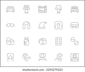 Simple Juego de Iconos de línea vectorial relacionados con el sueño. Colección vectorial de insomnio, cama, hora, zz, luna, despertador en la nube, almohadas y elementos de diseño símbolos o elemento logotipo.