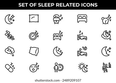 Simple Set of Sleep Related Vector Line Icons. Contains such Icons as Insomnia, Pillow, Sleeping Pills and more.