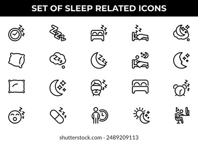 Simple Set of Sleep Related Vector Line Icons. Contains such Icons as Insomnia, Pillow, Sleeping Pills and more.