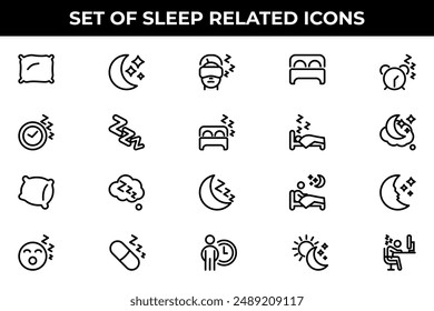 Simple Set of Sleep Related Vector Line Icons. Contains such Icons as Insomnia, Pillow, Sleeping Pills and more.