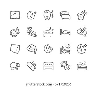 Simple Set of Sleep Related Vector Line Icons. 
Contains such Icons as Insomnia, Pillow, Sleeping Pills and more.
Editable Stroke. 48x48 Pixel Perfect.