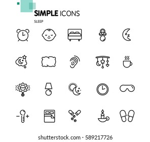 Juego simple de iconos de línea de vectores relacionados con el sueño. Contiene tales íconos como insomnio, almohada, pastillas para dormir y más. Trazo editable. 
